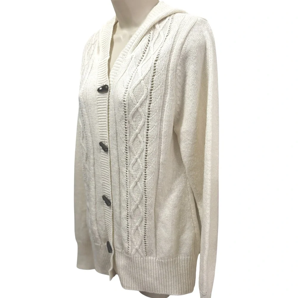Columbia Ivory Wool Blend Long Sleeve Hooded Button Up Cable Knit Cardigan Large